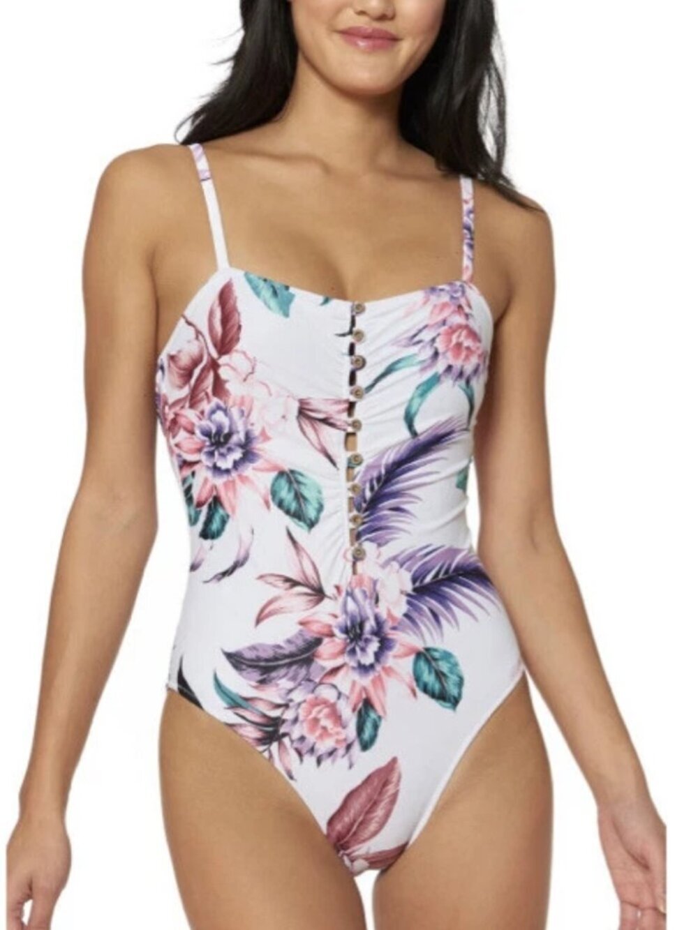Jessica Simpson White Floral One-Piece Swimsuit with Pink, Purple & Teal Accents
